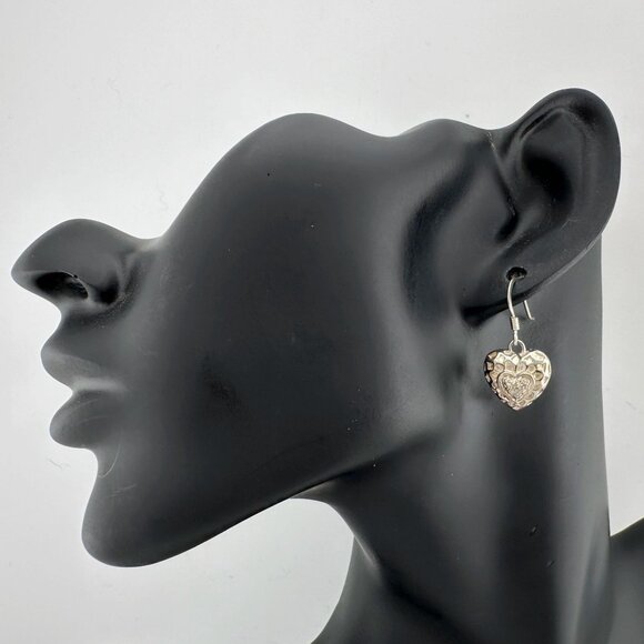 Sterling Silver Heart Dangle Earrings with Small Natural Diamond in Center - Picture 10 of 10